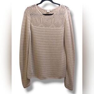 GAP Crochet Yoke Pattern Oatmeal Heather Cotton Knit Long Sleeve Sweater Top- L